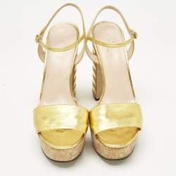 Pre Owned Gucci Gold Leather Platform Block Heel Ankle Strap Sandals Size 39