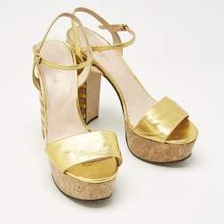 Pre Owned Gucci Gold Leather Platform Block Heel Ankle Strap Sandals Size 39