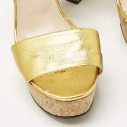 Pre Owned Gucci Gold Leather Platform Block Heel Ankle Strap Sandals Size 39