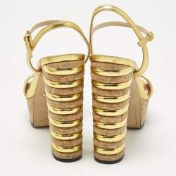 Pre Owned Gucci Gold Leather Platform Block Heel Ankle Strap Sandals Size 39