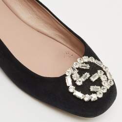 Pre Owned Gucci Black Suede Crystal Embellished Interlocking G Ballet Flats Size 37.5