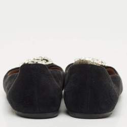 Pre Owned Gucci Black Suede Crystal Embellished Interlocking G Ballet Flats Size 37.5