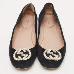 Pre Owned Gucci Black Suede Crystal Embellished Interlocking G Ballet Flats Size 37.5