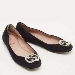 Pre Owned Gucci Black Suede Crystal Embellished Interlocking G Ballet Flats Size 37.5