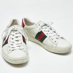 Pre Owned Gucci White Leather Bee Embroidered Ace Low Top Sneakers Size 37