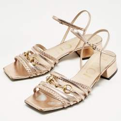 Pre Owned Gucci Rose Gold Leather Ketty Ankle Wrap Sandals Size 40