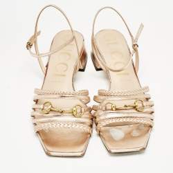 Pre Owned Gucci Rose Gold Leather Ketty Ankle Wrap Sandals Size 40