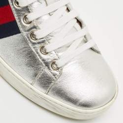 Pre Owned Gucci Silver Leather Web Detail Ace Low Top Sneakers Size 37