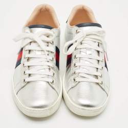 Pre Owned Gucci Silver Leather Web Detail Ace Low Top Sneakers Size 37