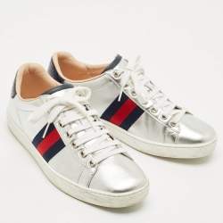 Pre Owned Gucci Silver Leather Web Detail Ace Low Top Sneakers Size 37