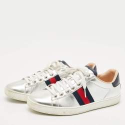 Pre Owned Gucci Silver Leather Web Detail Ace Low Top Sneakers Size 37