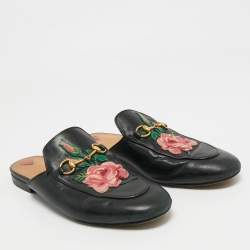 Pre Owned Gucci Black Leather Rose Embroidered Princetown Flat Mules Size 40