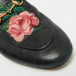 Pre Owned Gucci Black Leather Rose Embroidered Princetown Flat Mules Size 40