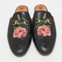 Pre Owned Gucci Black Leather Rose Embroidered Princetown Flat Mules Size 40