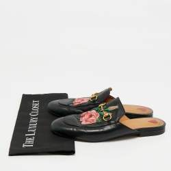 Pre Owned Gucci Black Leather Rose Embroidered Princetown Flat Mules Size 40