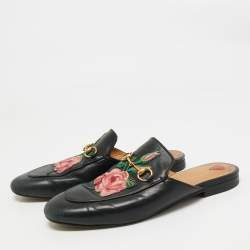 Pre Owned Gucci Black Leather Rose Embroidered Princetown Flat Mules Size 40