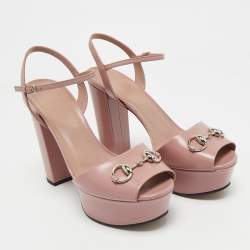 Pre Owned Gucci Pink Leather Horsebit Ankle Strap Platform Sandals Size 39