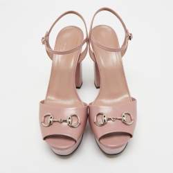 Pre Owned Gucci Pink Leather Horsebit Ankle Strap Platform Sandals Size 39