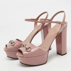 Pre Owned Gucci Pink Leather Horsebit Ankle Strap Platform Sandals Size 39