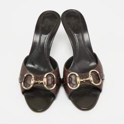 Pre Owned Gucci Dark Brown Guccissima Leather New Hollywood Horsebit Mules Size 35