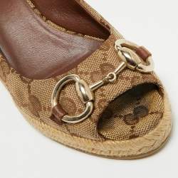 Pre Owned Gucci Beige/Brown GG Canvas Horsebit Peep Toe Wedge Espadrille Pumps Size 34