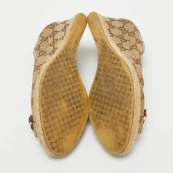 Pre Owned Gucci Beige/Brown GG Canvas Horsebit Peep Toe Wedge Espadrille Pumps Size 34