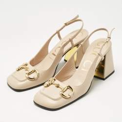 Pre Owned Gucci Beige Leather Horsebit Slingback Pumps Size 38