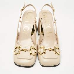 Pre Owned Gucci Beige Leather Horsebit Slingback Pumps Size 38