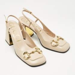 Pre Owned Gucci Beige Leather Horsebit Slingback Pumps Size 38