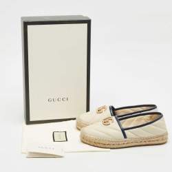 Pre Owned Gucci Beige/Navy Blue Quilted Leather GG Marmont Flat Espadrilles Size 36