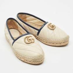 Pre Owned Gucci Beige/Navy Blue Quilted Leather GG Marmont Flat Espadrilles Size 36