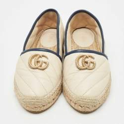 Pre Owned Gucci Beige/Navy Blue Quilted Leather GG Marmont Flat Espadrilles Size 36
