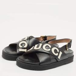 Pre Owned صندل غوتشي حزام خلفي مسطح جلد أبيض/أسود مقاس 38.5