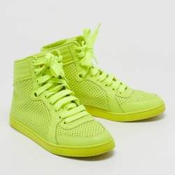Pre Owned Gucci Neon Yellow Perforated Leather Coda High Top Sneakers Size 35.5