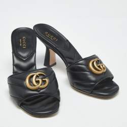 Pre Owned Gucci Black Matelassé Leather GG Marmont Slide Sandals Size 35.5