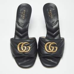 Pre Owned Gucci Black Matelassé Leather GG Marmont Slide Sandals Size 35.5