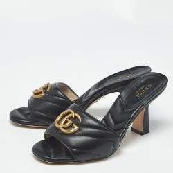 Pre Owned Gucci Black Matelassé Leather GG Marmont Slide Sandals Size 35.5