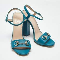 Pre Owned Gucci Blue Leather Horsebit Ankle Strap Sandals Size 37.5