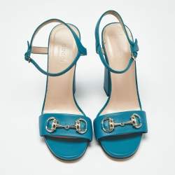 Pre Owned Gucci Blue Leather Horsebit Ankle Strap Sandals Size 37.5