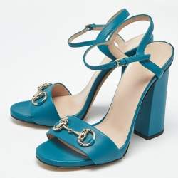 Pre Owned Gucci Blue Leather Horsebit Ankle Strap Sandals Size 37.5