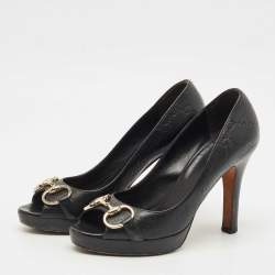 Pre Owned Gucci Black Guccissima Leather Horsebit Peep Toe Pumps Size 37