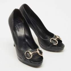 Pre Owned Gucci Black Guccissima Leather Horsebit Peep Toe Pumps Size 37