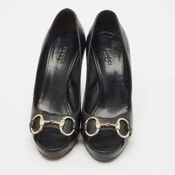 Pre Owned Gucci Black Guccissima Leather Horsebit Peep Toe Pumps Size 37
