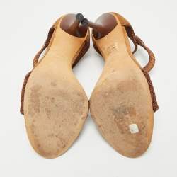 Pre Owned Gucci Dark Brown Suede and Knit Fabric T-Strap Sandals Size 39.5