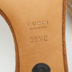 Pre Owned Gucci Dark Brown Suede and Knit Fabric T-Strap Sandals Size 39.5