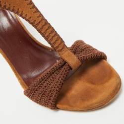 Pre Owned Gucci Dark Brown Suede and Knit Fabric T-Strap Sandals Size 39.5