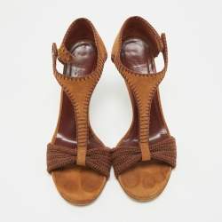 Pre Owned Gucci Dark Brown Suede and Knit Fabric T-Strap Sandals Size 39.5