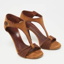 Pre Owned Gucci Dark Brown Suede and Knit Fabric T-Strap Sandals Size 39.5