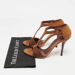Pre Owned Gucci Dark Brown Suede and Knit Fabric T-Strap Sandals Size 39.5