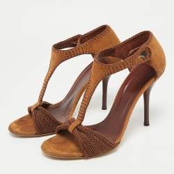 Pre Owned Gucci Dark Brown Suede and Knit Fabric T-Strap Sandals Size 39.5